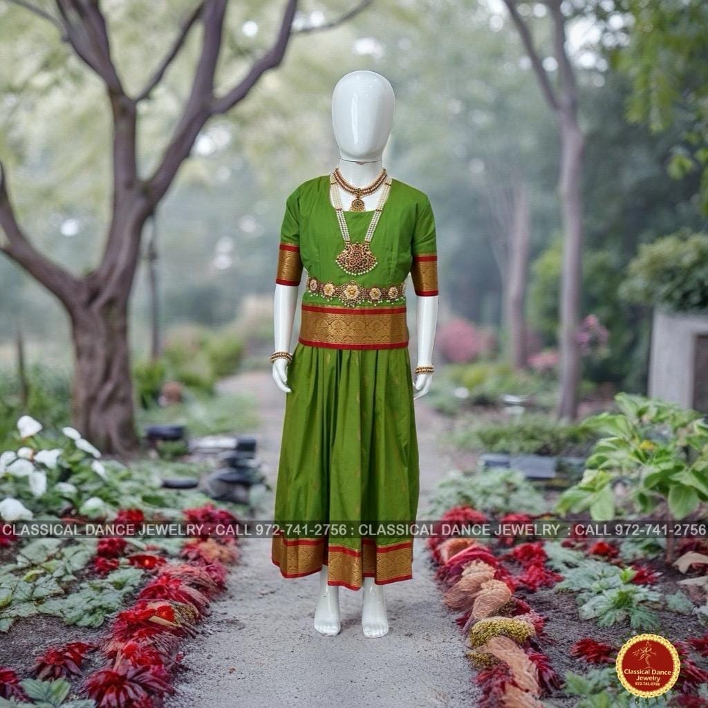Classical Dance Jewelry APPLE GREEN RED Kids 10-11 yrs Dance Pattu Pavadai Blouse | Kuchipudi Bharatanatyam | Art Silk, Dharmavaram Kanchi | Classical Dance Jewelry