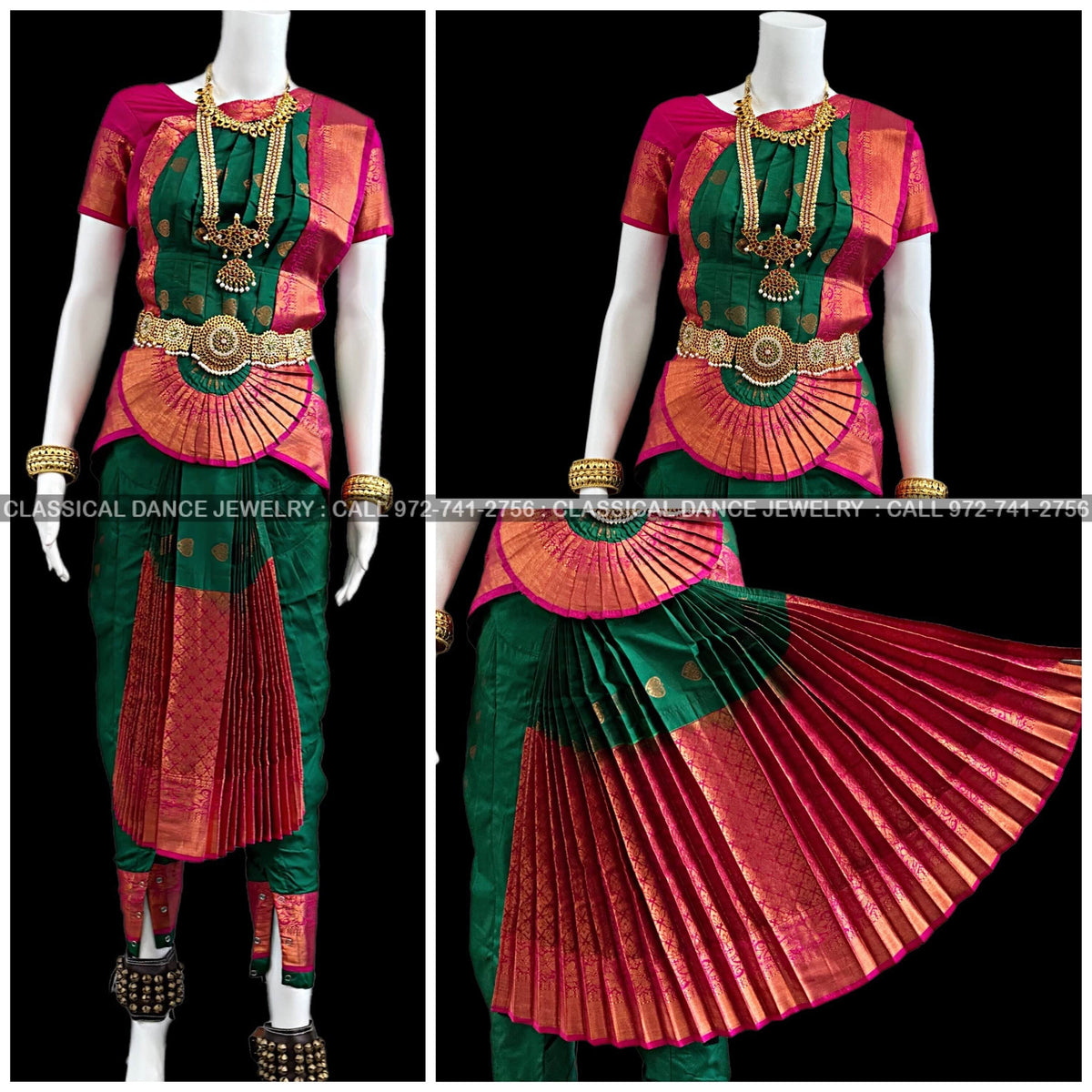 DARK GREEN PINK 34 inch Pant Length Bharatanatyam Copper Zari Indian D Classical Dance Jewelry