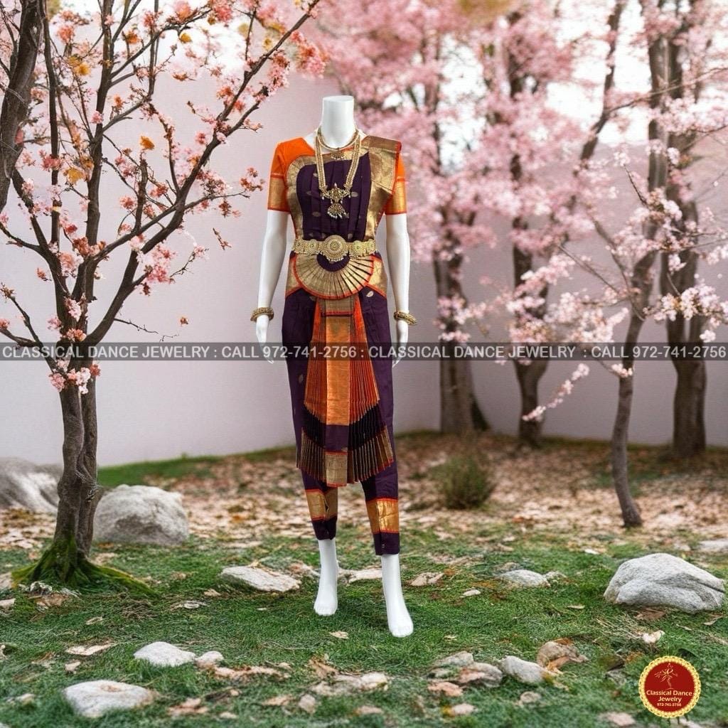 Classical Dance Jewelry DARK PURPLE ORANGE 36 inchs Pant Length Bharatanatyam Gold Zari Dance Costume | Art silk Dharmavaram kanchi | Classical Dance Jewelry