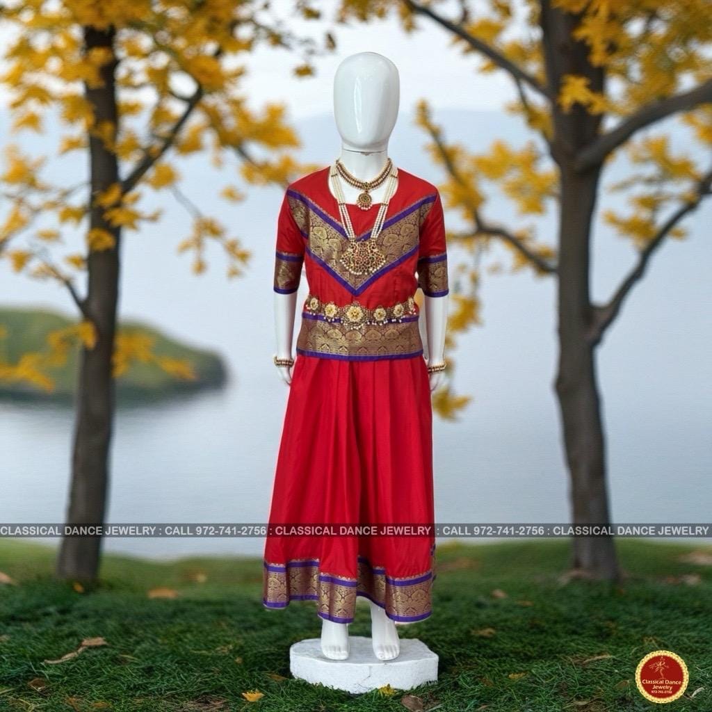 Classical Dance Jewelry RED BLUE Kids 10-11 yrs Dance Pattu Pavadai Blouse | Kuchipudi Bharatanatyam | Art Silk, Dharmavaram Kanchi | Classical Dance Jewelry