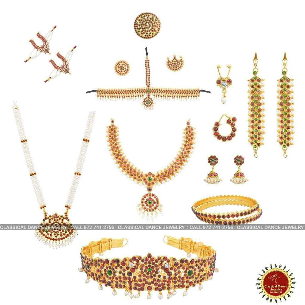 Classical Dance Jewelry TEMPLE JEWELRY SETS Traditional Kemp  V SHAPE Temple Indian Jewelry | 10 pcs | DS-07 | Bharatnatyam, Kuchipudi, Engagement, Weddings, Birthday | Classical Dance Jewelry