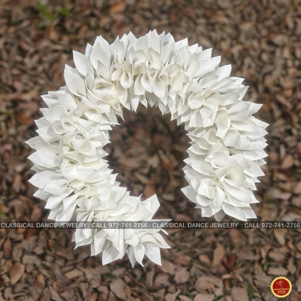Classical Dance Jewelry WHITE Satin folded K CUT Flowers | Bharatanatyam Kuchipudi Dance flowers | 12 in | veni kondai | Classical Dance Jewelry