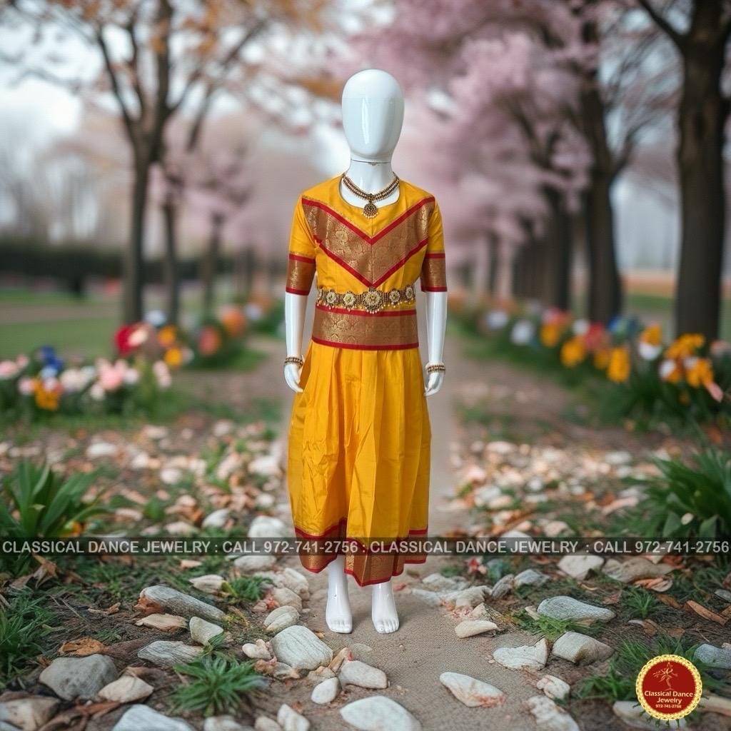 Classical Dance Jewelry YELLOW RED Kids 10-11 yrs Dance Pattu Pavadai Blouse | Kuchipudi Bharatanatyam | Art Silk, Dharmavaram Kanchi | Classical Dance Jewelry