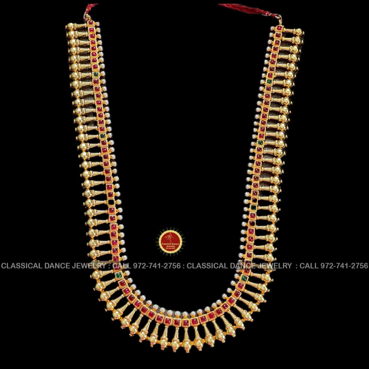 Gold KEMPU Mala Long Haram Indian Jewelry Bharatnatyam