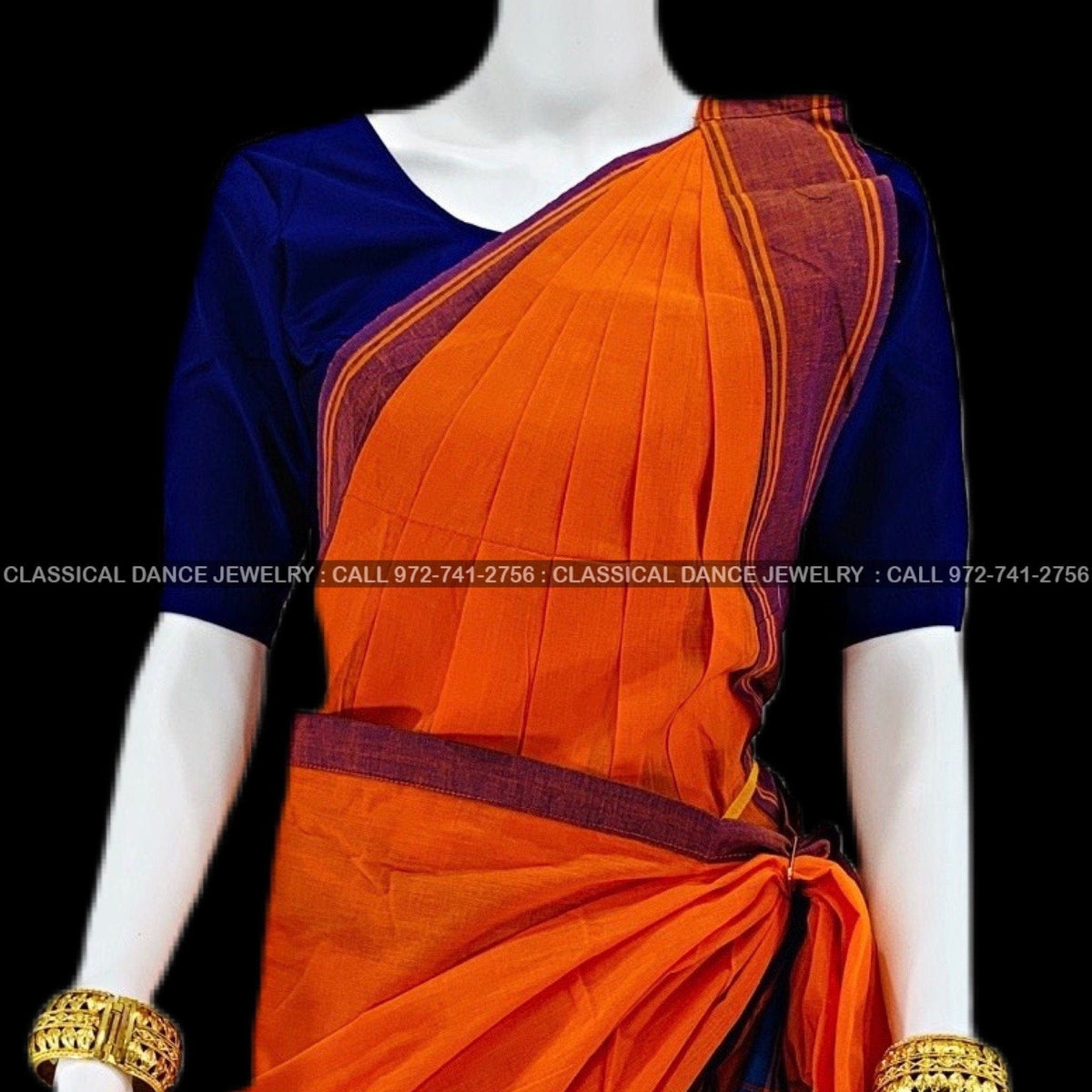 Orange Pre stitched Blue Blouse Dance practice Sari Halfsaree Kalaks Classical Dance Jewelry