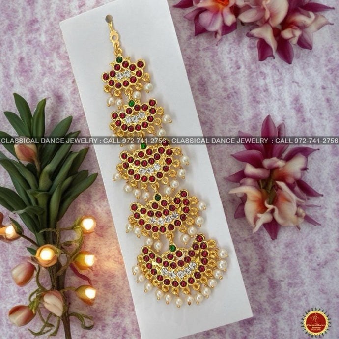 Classical Dance Jewelry 5 Step Tikka Kemp Temple White Stone Indian Jewelry | Bharatnatyam, Kuchipudi, Engagement, Weddings, Birthdays | Classical Dance Jewelry