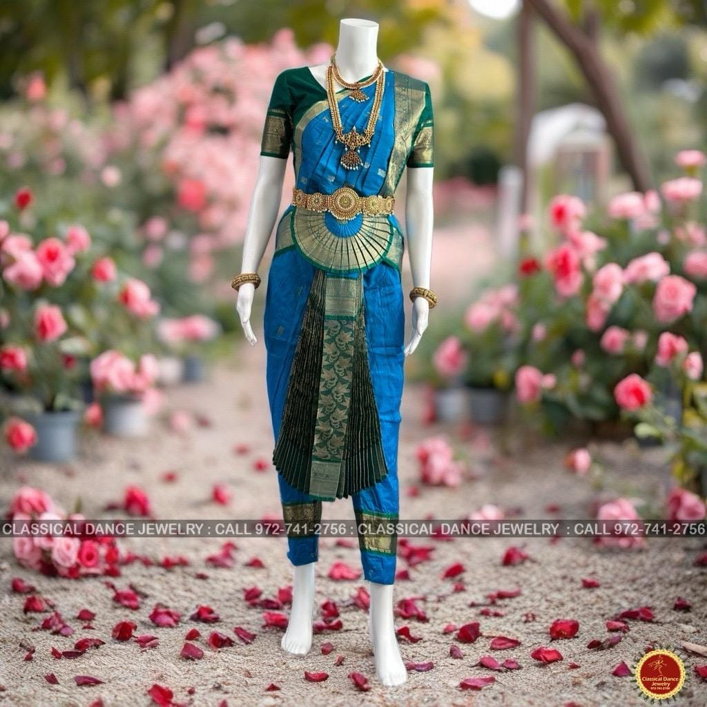 Classical Dance Jewelry ANANDA BLUE Dark GREEN 38 Inch Pant Length Bharatanatyam Dance Costume Gold Zari | Art Silk Dharmavaram Kanchi | Classical Dance Jewelry