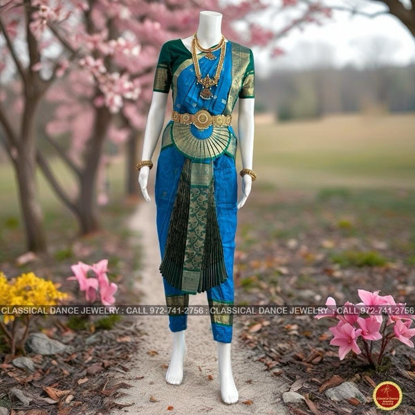 ANANDA BLUE Dark GREEN 40 Inch Pant Length Bharatanatyam Dance Costume |  Gold Zari | Art silk Dharmavaram Kanchi