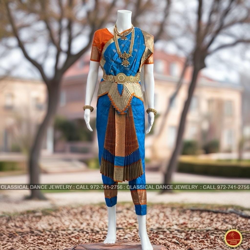 Classical Dance Jewelry ANANDA BLUE ORANGE 36 inch Pant Length Bharatanatyam Gold Zari Dance Costume | Art silk Dharmavaram Kanchi | Classical Dance Jewelry