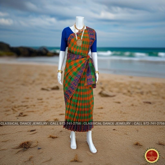 Classical Dance Jewelry APPLE GREEN Orange CHECKS Pre-stitched Practice Sari BLUE Blouse | Half Saree Kalakshethra Sari | Bharatnatyam Kuchipudi | Classical Dance Jewelry