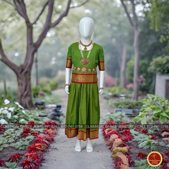 Classical Dance Jewelry APPLE GREEN RED Kids 10-11 yrs Dance Pattu Pavadai Blouse | Kuchipudi Bharatanatyam | Art Silk, Dharmavaram Kanchi | Classical Dance Jewelry
