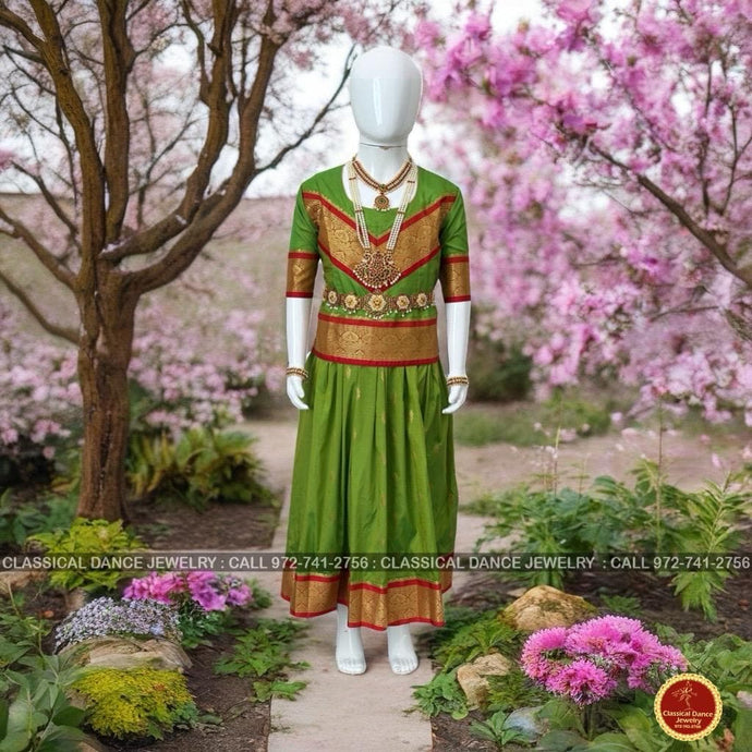 Classical Dance Jewelry APPLE GREEN RED Kids 10-11 yrs Dance Pattu Pavadai Blouse | Kuchipudi Bharatanatyam | Art Silk, Dharmavaram Kanchi | Classical Dance Jewelry