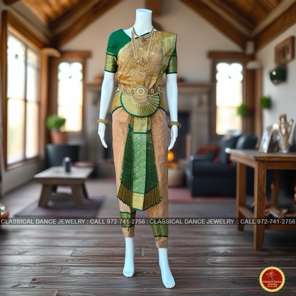 Classical Dance Jewelry BISCUIT BROWN Dark GREEN 36 inch Pant Length Bharatanatyam Gold Zari Dance Costume | Art silk Dharmavaram Kanchi | Classical Dance Jewelry