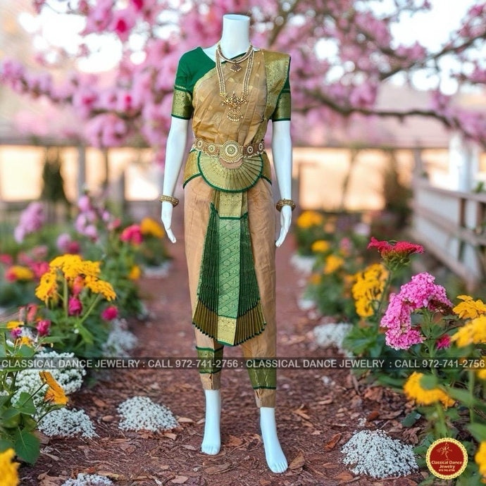 Classical Dance Jewelry BISCUIT BROWN Dark GREEN 38 Inch Pant Length Bharatanatyam Dance Costume | Gold Zari | Art Silk Dharmavaram Kanchi | Classical Dance Jewelry