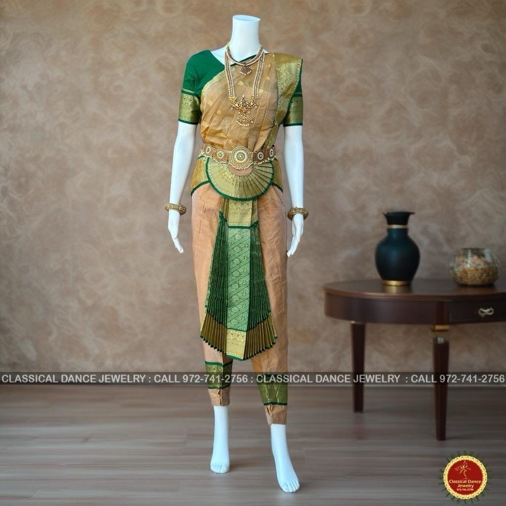 Classical Dance Jewelry BISCUIT BROWN Dark GREEN 40 Inch Pant Length Bharatanatyam Dance Costume | Gold Zari | Art silk Dharmavaram Kanchi | Classical Dance Jewelry