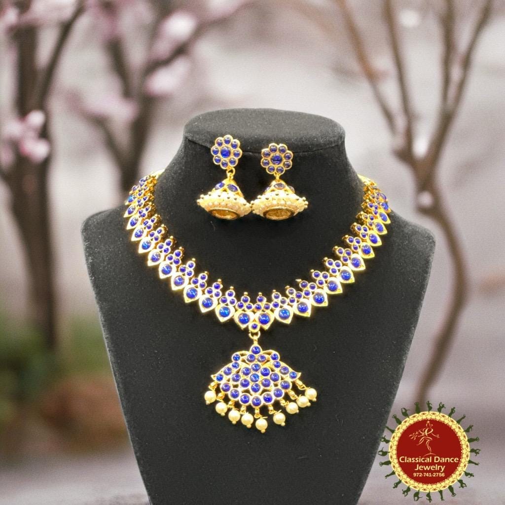 Classical Dance Jewelry BLUE Choker Kemp temple Indian jewelry | Short Necklace | Bharatnatyam Kuchipudi Engagement Weddings Birthdays | Classical Dance Jewelry