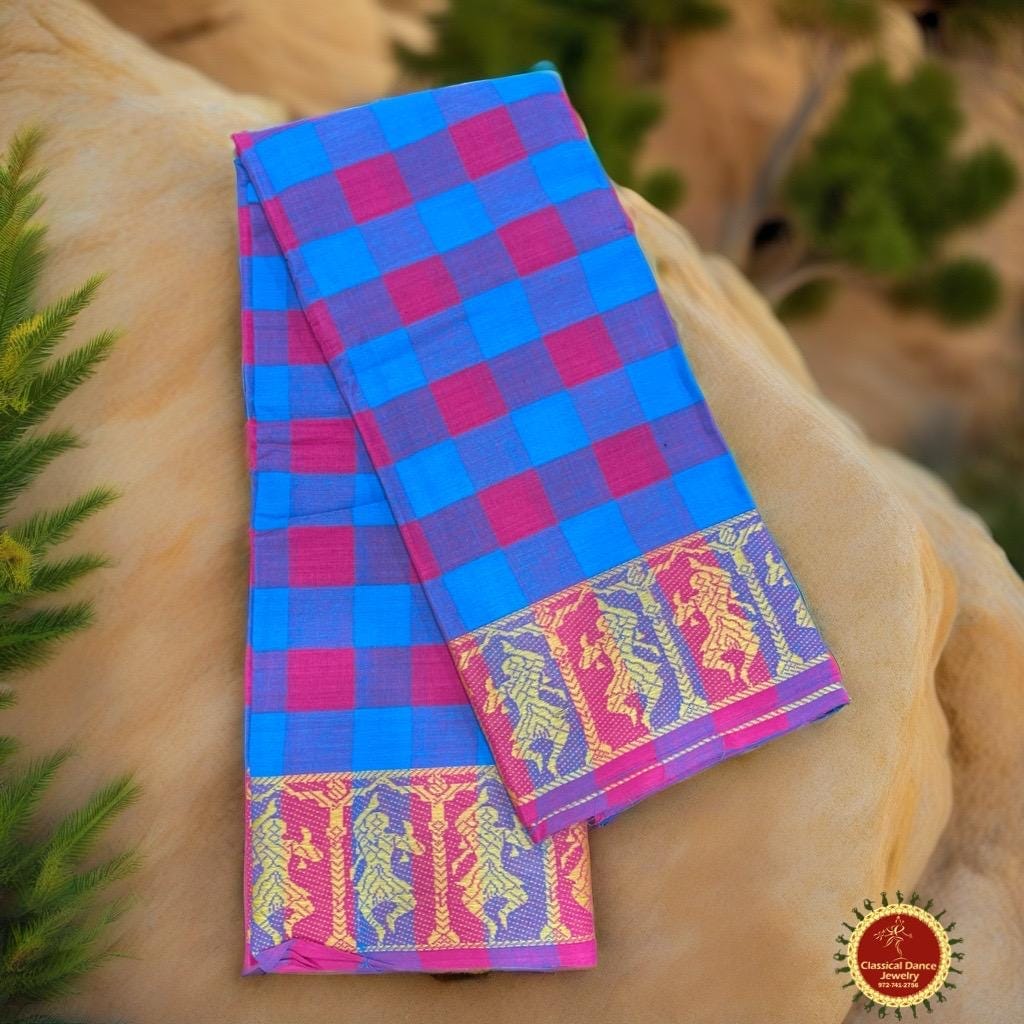 Classical Dance Jewelry BLUE KATTAM CHECKS Doll Border Dance Practice Sarees | halfsaree Kalakshethra sarees | Bharatanatyam Kuchipudi | Classical Dance Jewelry