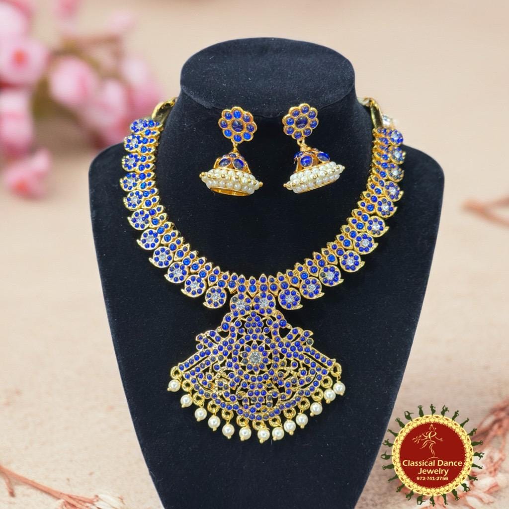 Classical Dance Jewelry BLUE Mango Design Temple Indian Jewelry | White Stone | Short Necklace | Bharatnatyam Kuchipudi Party Wedding | Classical Dance Jewelry