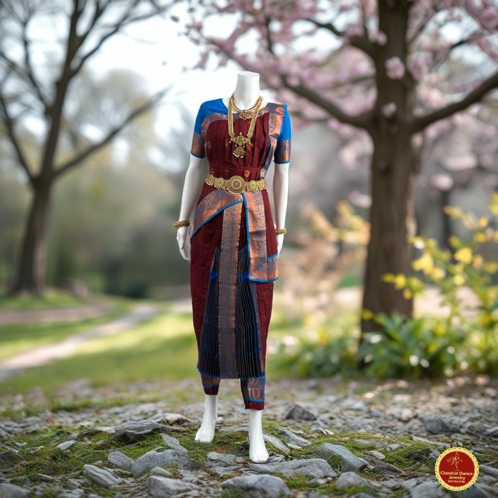 Classical Dance Jewelry BROWN BLUE 38 Inch Pant length Kuchipudi Copper Zari Indian Dance Costume | Art Silk Dharmavaram Kanchi | Classical Dance Jewelry