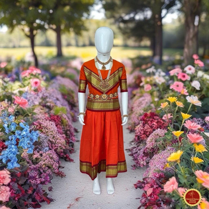 Classical Dance Jewelry BURNT ORANGE MAROON Kid 10-11 yr Dance Pavadai Blouse | Kuchipudi Bharatanatyam | Art Silk Dharmavaram Kanchi | Classical Dance Jewelry