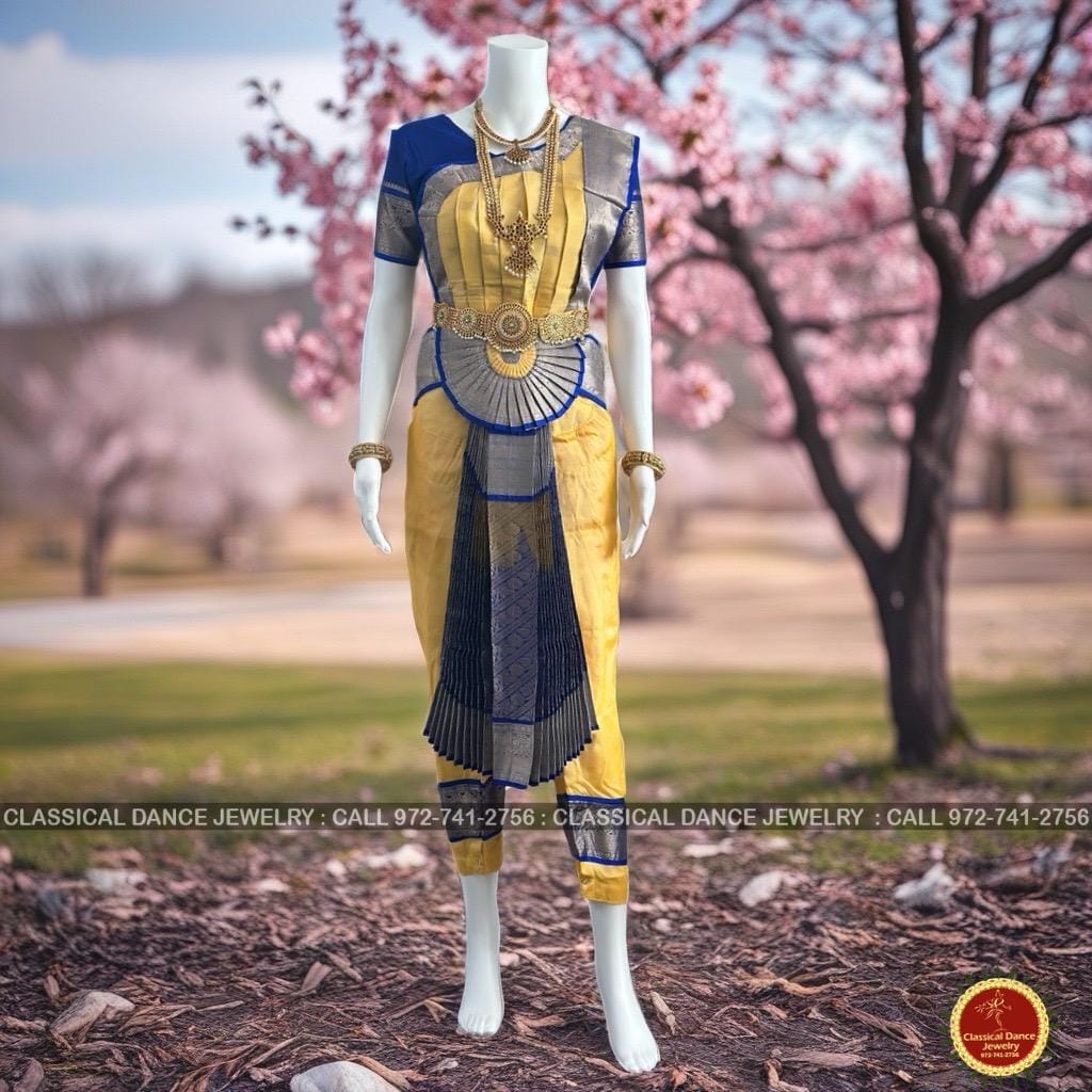 Classical Dance Jewelry BUTTER YELLOW Dark BLUE 38 Inch Pant Length Bharatanatyam Dance Costume | Gold Zari | Art Silk Dharmavaram Kanchi | Classical Dance Jewelry
