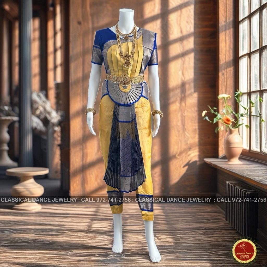 Classical Dance Jewelry BUTTER YELLOW Dark BLUE 40 Inch Pant Length Bharatanatyam Dance Costume | Gold Zari | Art silk Dharmavaram Kanchi | Classical Dance Jewelry