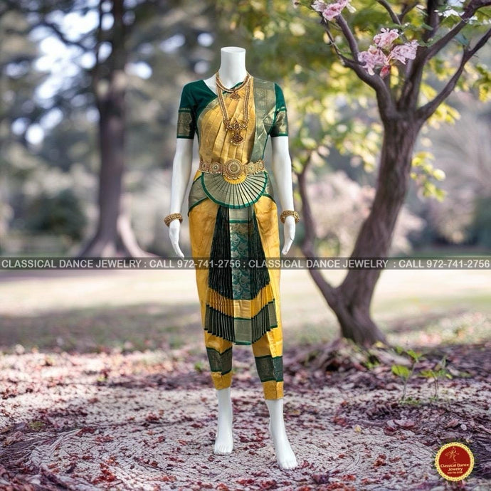 Classical Dance Jewelry BUTTER YELLOW Ivory GREEN 36 inch Pant Length Bharatanatyam Gold Zari Dance Costume | Art silk Dharmavaram Kanchi | Classical Dance Jewelry