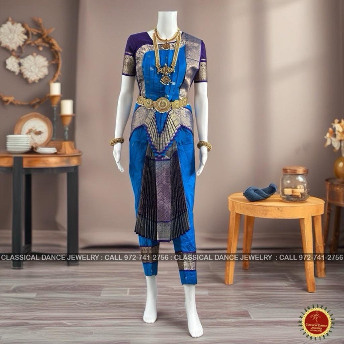 Classical Dance Jewelry COPPER SULPHATE BLUE 36 inch Pant Length Bharatanatyam Gold Zari Dance Costume | Art silk Dharmavaram kanchi | Classical Dance Jewelry