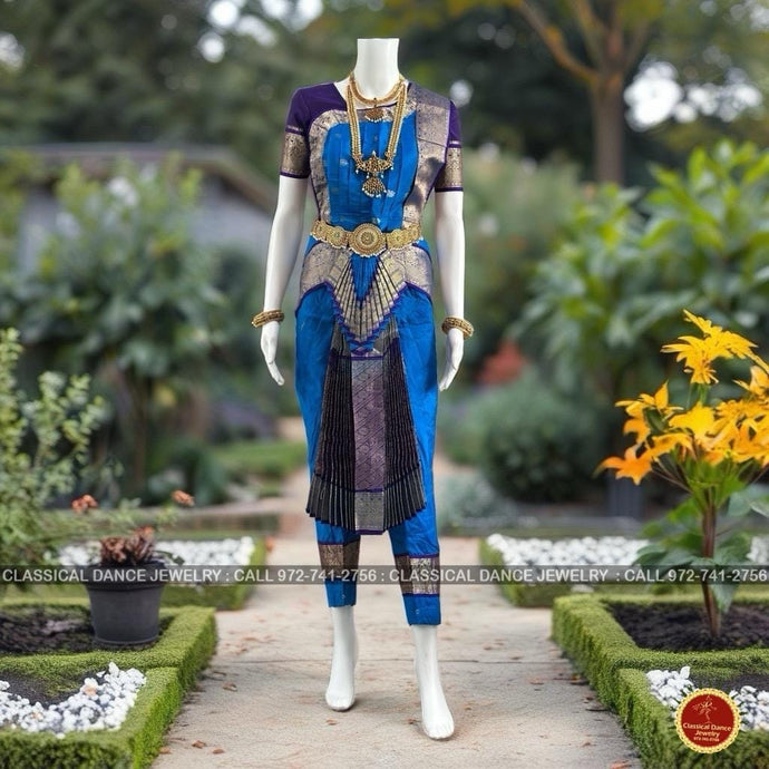 Classical Dance Jewelry COPPER SULPHATE BLUE 38 Inch Pant Length Bharatanatyam Dance Costume Gold Zari | Art Silk Dharmavaram Kanchi | Classical Dance Jewelry