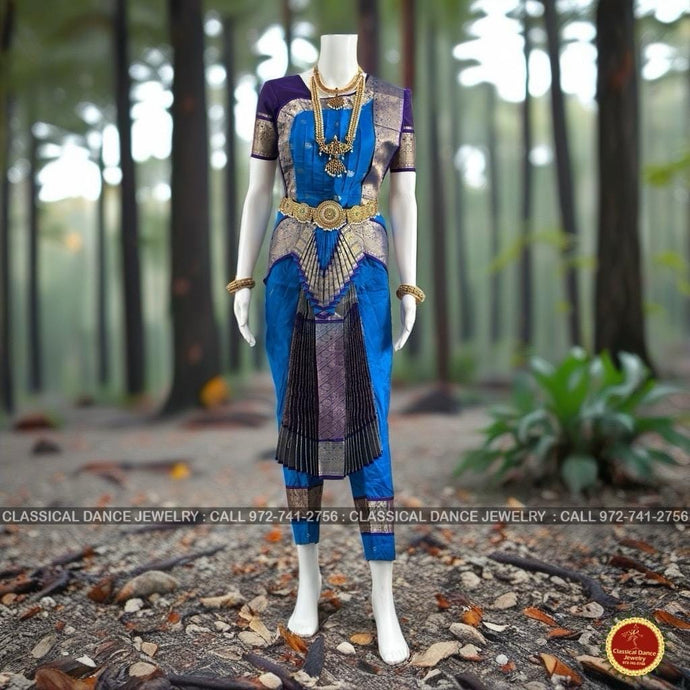 Classical Dance Jewelry COPPER SULPHATE BLUE 40 Inch Pant Length Bharatanatyam Dance Costume Gold Zari | Art silk Dharmavaram Kanchi | Classical Dance Jewelry