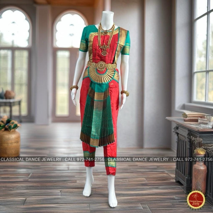 Classical Dance Jewelry CORAL Orange REXONA GREEN 36 inch Pant Length Bharatanatyam Gold Zari Dance Costume | Art silk Dharmavaram Kanchi | Classical Dance Jewelry