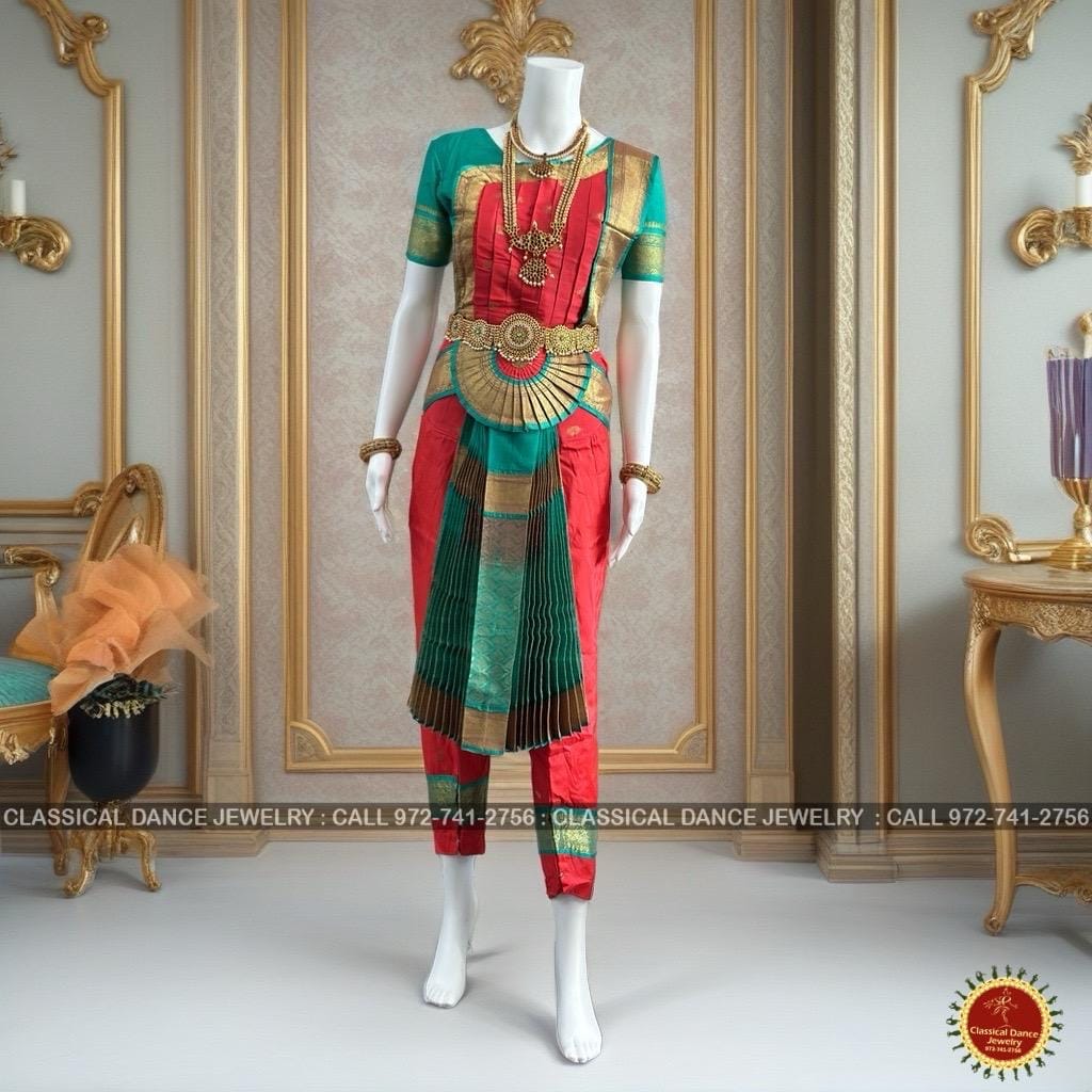Classical Dance Jewelry CORAL Orange REXONA GREEN 40 Inch Pant Length Bharatanatyam Dance Costume Gold Zari | Art silk Dharmavaram Kanchi | Classical Dance Jewelry