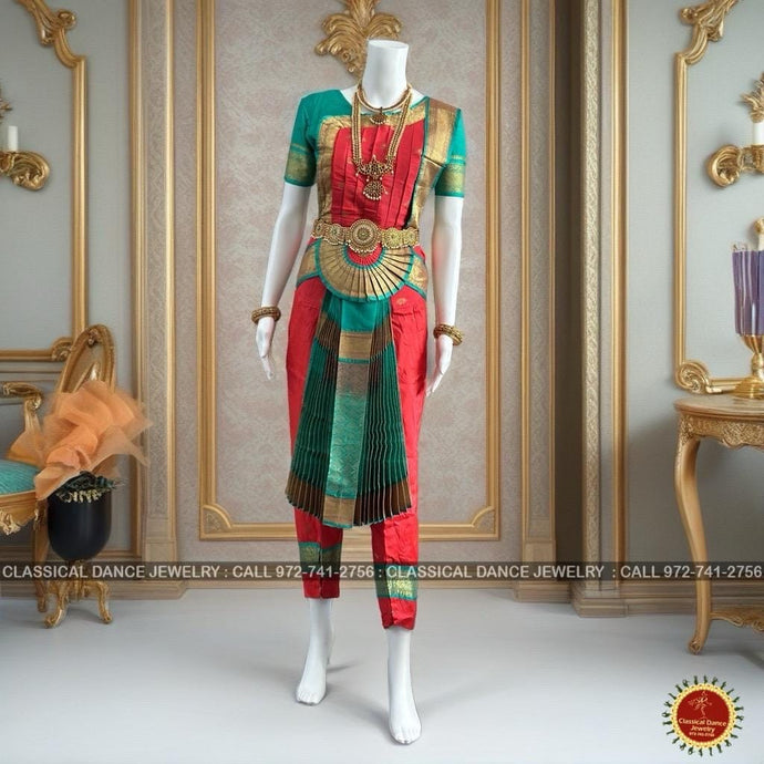 Classical Dance Jewelry CORAL Orange REXONA GREEN 40 Inch Pant Length Bharatanatyam Dance Costume Gold Zari | Art silk Dharmavaram Kanchi | Classical Dance Jewelry