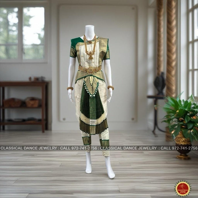 Classical Dance Jewelry CREAM Ivory Dark GREEN 34 inch Pant Length Bharatanatyam Gold Zari Dance Costume | Art silk, Dharmavaram Kanchi | Classical Dance Jewelry