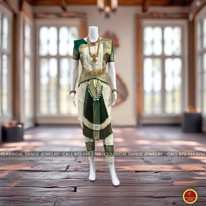 Classical Dance Jewelry CREAM Ivory DARK GREEN 36 inchs Pant Length Bharatanatyam Gold Zari Dance Costume | Art silk Dharmavaram kanchi | Classical Dance Jewelry