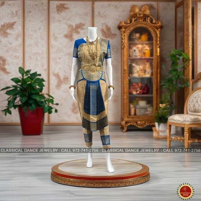 Classical Dance Jewelry CREAM Ivory RAMA BLUE 36 inchs Pant Length Bharatanatyam Gold Zari Dance Costume | Art silk Dharmavaram kanchi | Classical Dance Jewelry