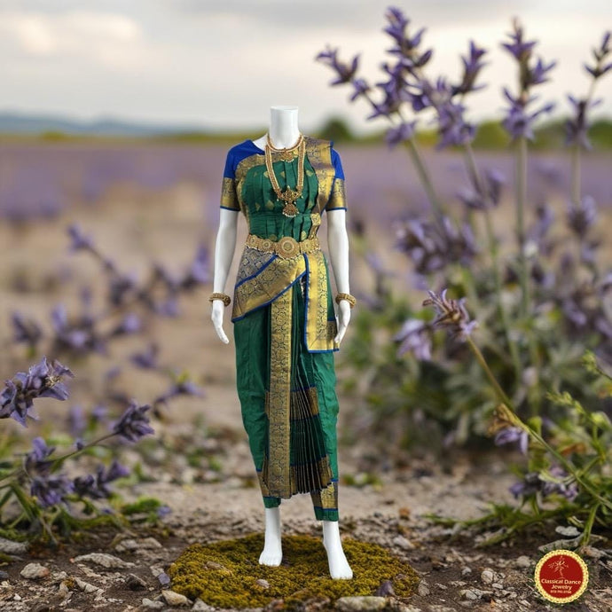 Classical Dance Jewelry DARK GREEN BLUE 40 inchs Pant Length Kuchipudi Indian Dance Costume | Art silk Dharmavaram Kanchi | Classical Dance Jewelry