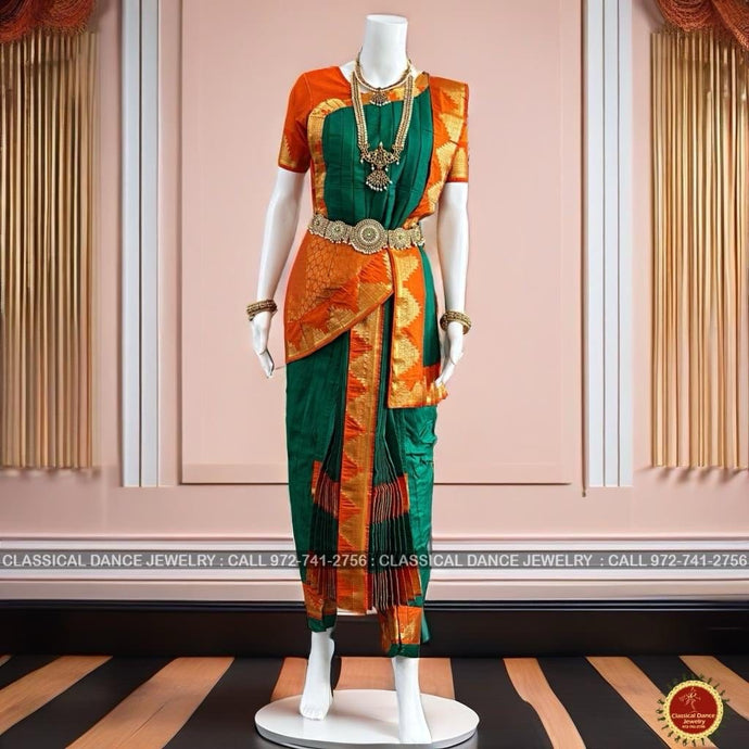 Classical Dance Jewelry DARK GREEN ORANGE 38 Inch Pant length Kuchipudi Gold Zari Indian Dance Costume | Art Silk Dharmavaram Kanchi | Classical Dance Jewelry