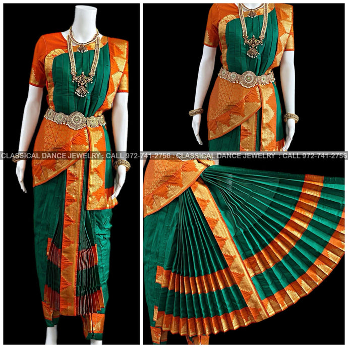 Classical Dance Jewelry DARK GREEN ORANGE 40 inchs Pant Length Kuchipudi Indian Gold Zari Dance Costume | Art silk Dharmavaram Kanchi | Classical Dance Jewelry