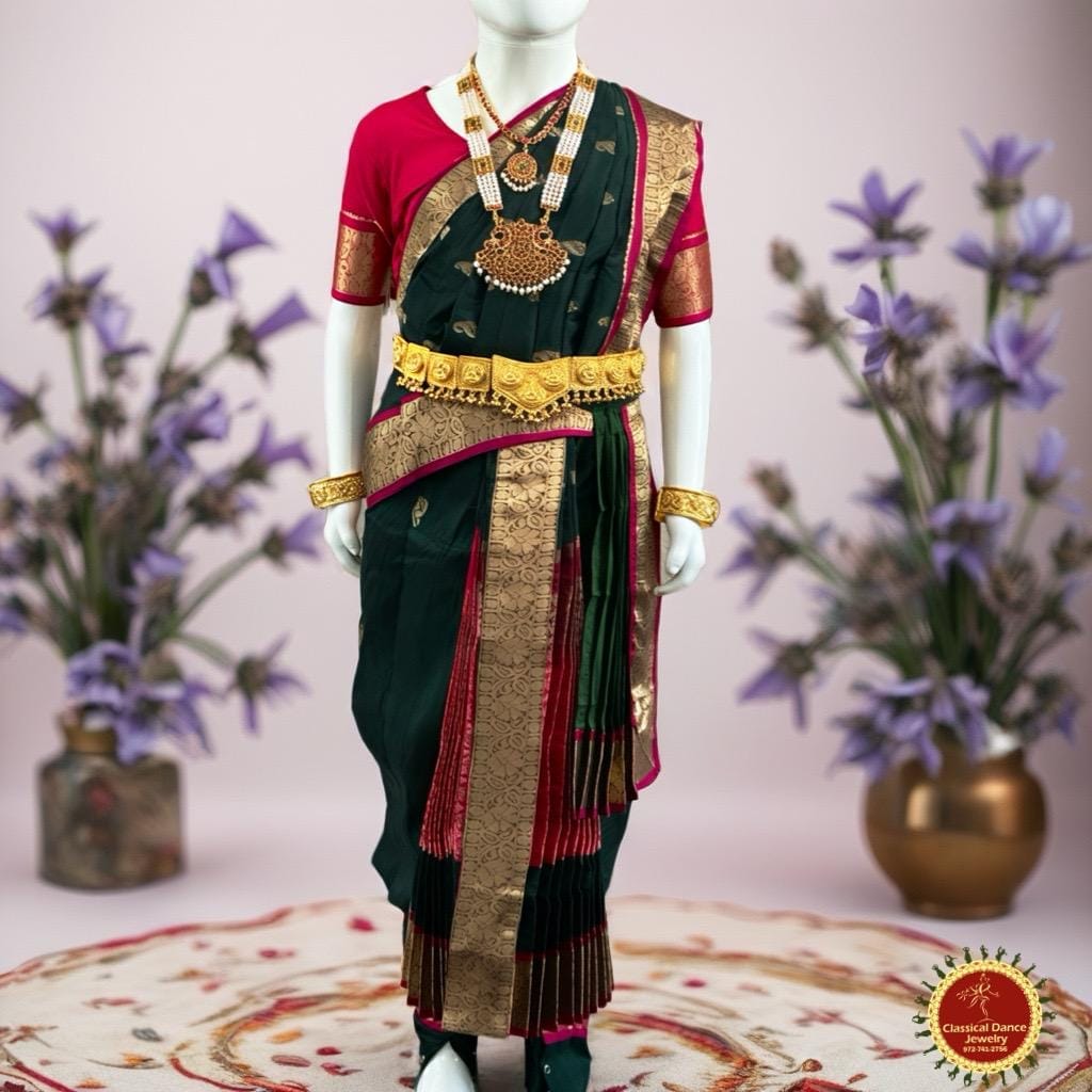 Classical Dance Jewelry DARK GREEN PINK 30 Inch Pant Length Kuchipudi Gold Zari Dance Costume | Art silk Dharmavaram Kanchi | Classical Dance Jewelry