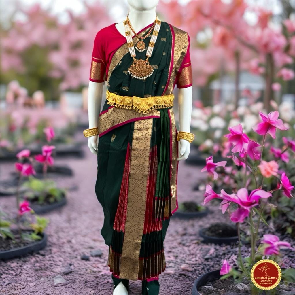 Classical Dance Jewelry DARK GREEN PINK 32 inches Pant Length Kuchipudi Gold Zari Indian Dance Costume | Art silk Dharmavaram Kanchi | Classical Dance Jewelry
