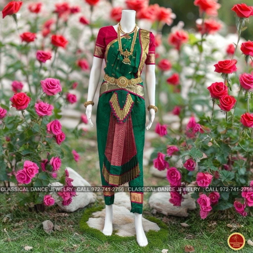 Classical Dance Jewelry DARK GREEN PINK Magenta 34 inch Pant Length Bharatanatyam Gold Zari Dance Costume | Art silk Dharmavaram kanchi | Classical Dance Jewelry