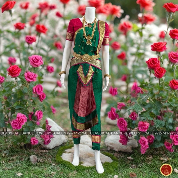 Classical Dance Jewelry DARK GREEN PINK Magenta 34 inch Pant Length Bharatanatyam Gold Zari Dance Costume | Art silk Dharmavaram kanchi | Classical Dance Jewelry