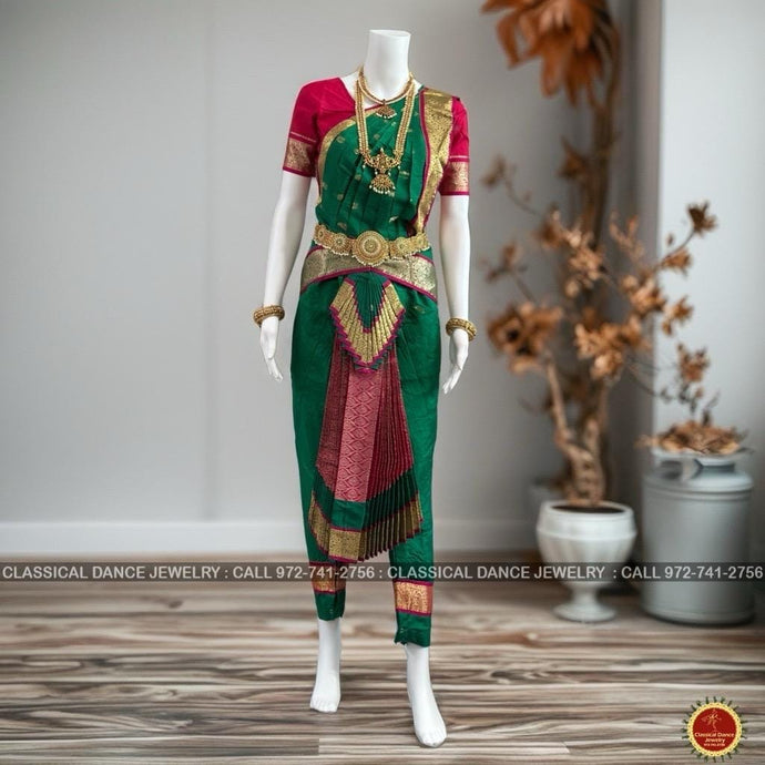 Classical Dance Jewelry DARK GREEN PINK Magenta 36 inch Pant Length Bharatanatyam Gold Zari Dance Costume | Art silk Dharmavaram Kanchi | Classical Dance Jewelry