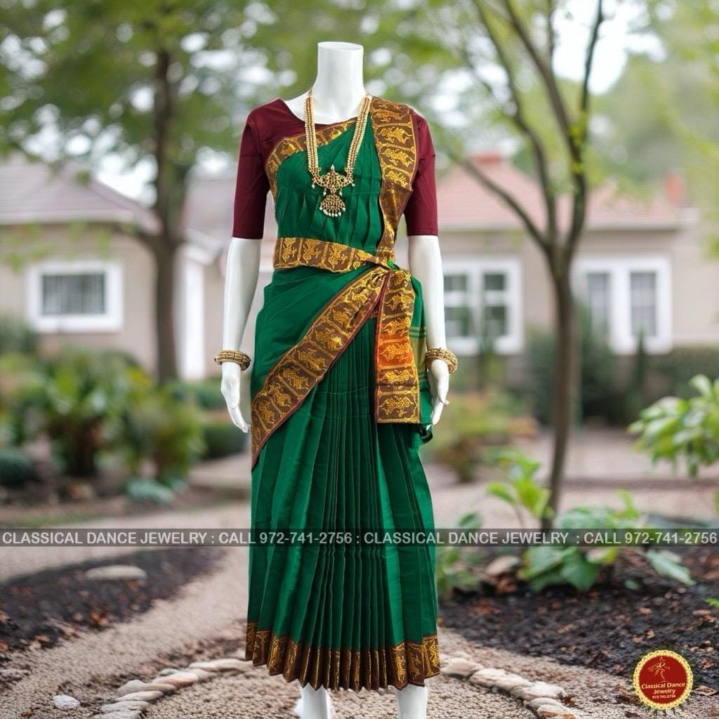 Classical Dance Jewelry DARK GREEN Pre-stitched Practice Sari MAROON Blouse | Half Saree Kalakshethra Sari | Bharatnatyam Kuchipudi Folk | Classical Dance Jewelry