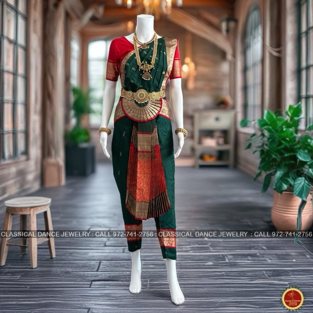 Classical Dance Jewelry Dark GREEN RED VINTAGE 36 inch Pant Length Bharatanatyam Gold Zari Dance Costume | Art silk Dharmavaram Kanchi | Classical Dance Jewelry