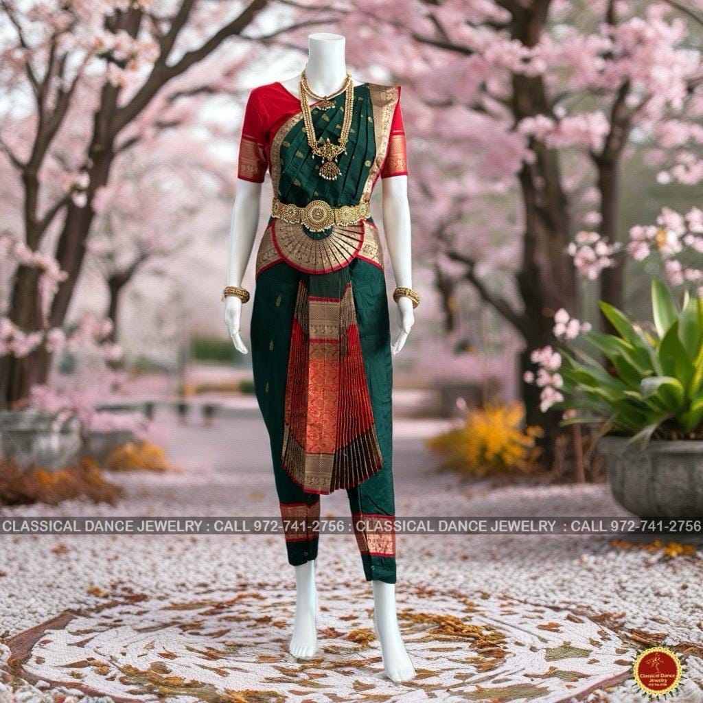 Classical Dance Jewelry Dark GREEN RED VINTAGE 38 Inch Pant Length Bharatanatyam Dance Costume | Gold Zari | Art Silk Dharmavaram Kanchi | Classical Dance Jewelry