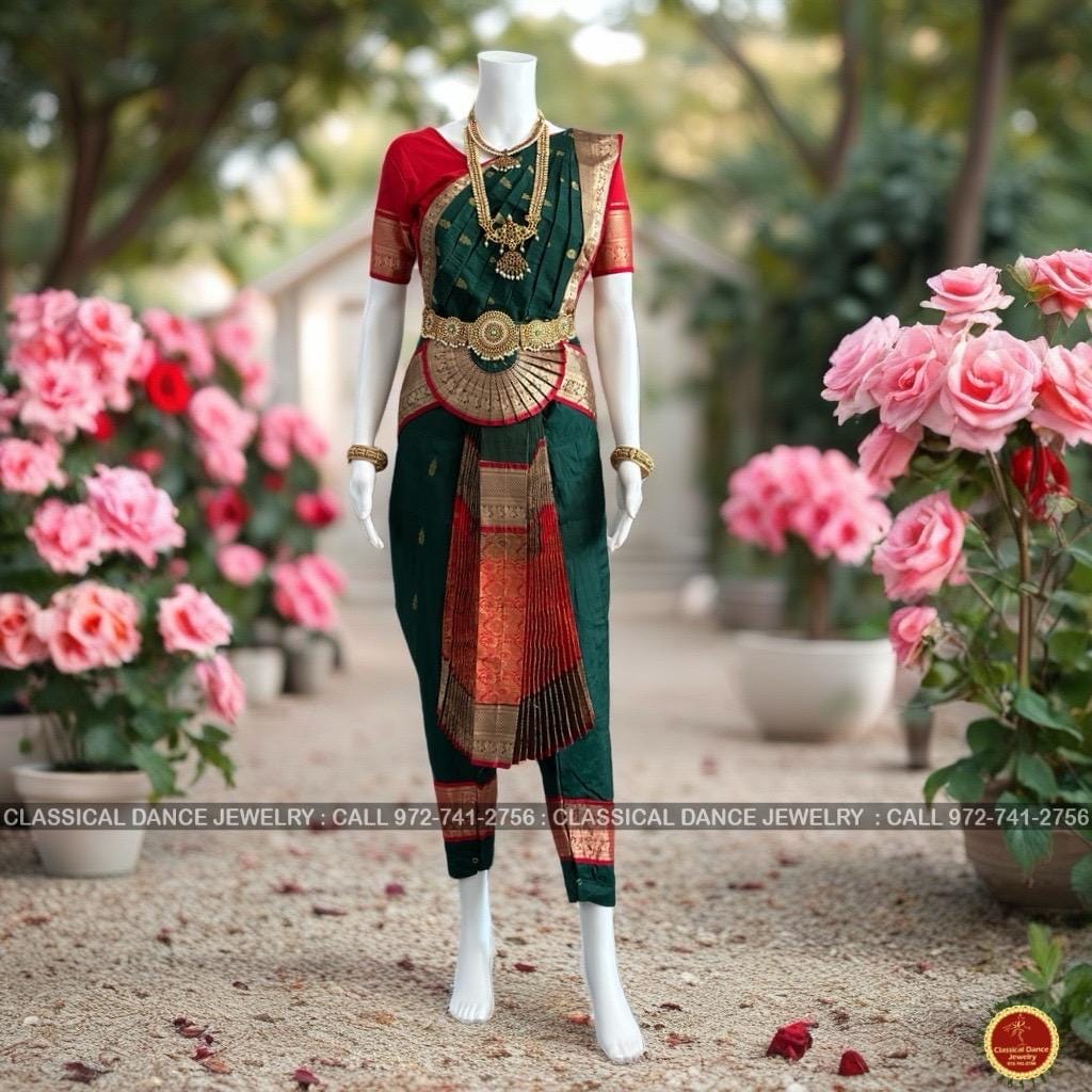 Classical Dance Jewelry Dark GREEN RED VINTAGE 40 Inch Pant Length Bharatanatyam Dance Costume | Gold Zari | Art silk Dharmavaram Kanchi | Classical Dance Jewelry
