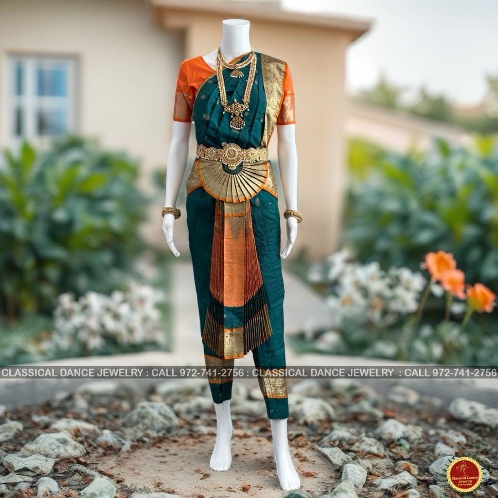Classical Dance Jewelry DARK Hunter GREEN ORANGE 36 inch Pant Length Bharatanatyam Gold Zari Dance Costume | Art silk Dharmavaram Kanchi | Classical Dance Jewelry