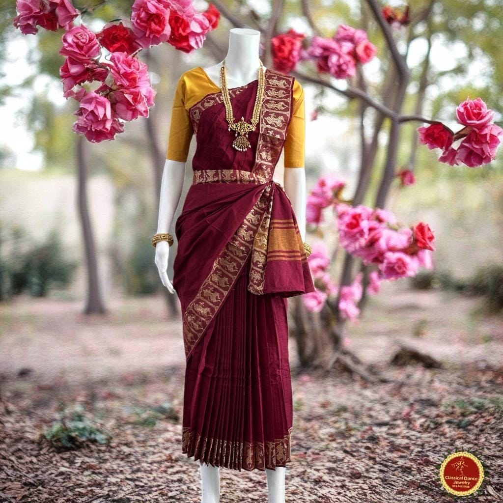 Classical Dance Jewelry DARK MAROON Pre-stitched Practice Sari YELLOW Blouse | Half Saree Kalakshethra Sari | Bharatnatyam Kuchipudi Folk | Classical Dance Jewelry